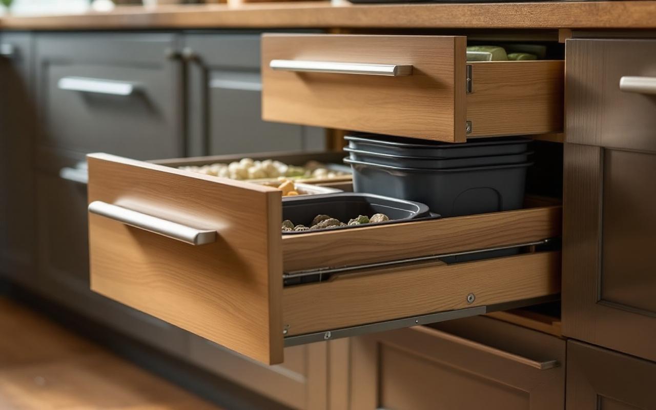 Aménagement d’une cuisine compacte avec tiroir coulissant de tri, bac pour biodéchets et meuble de recyclage élégant.