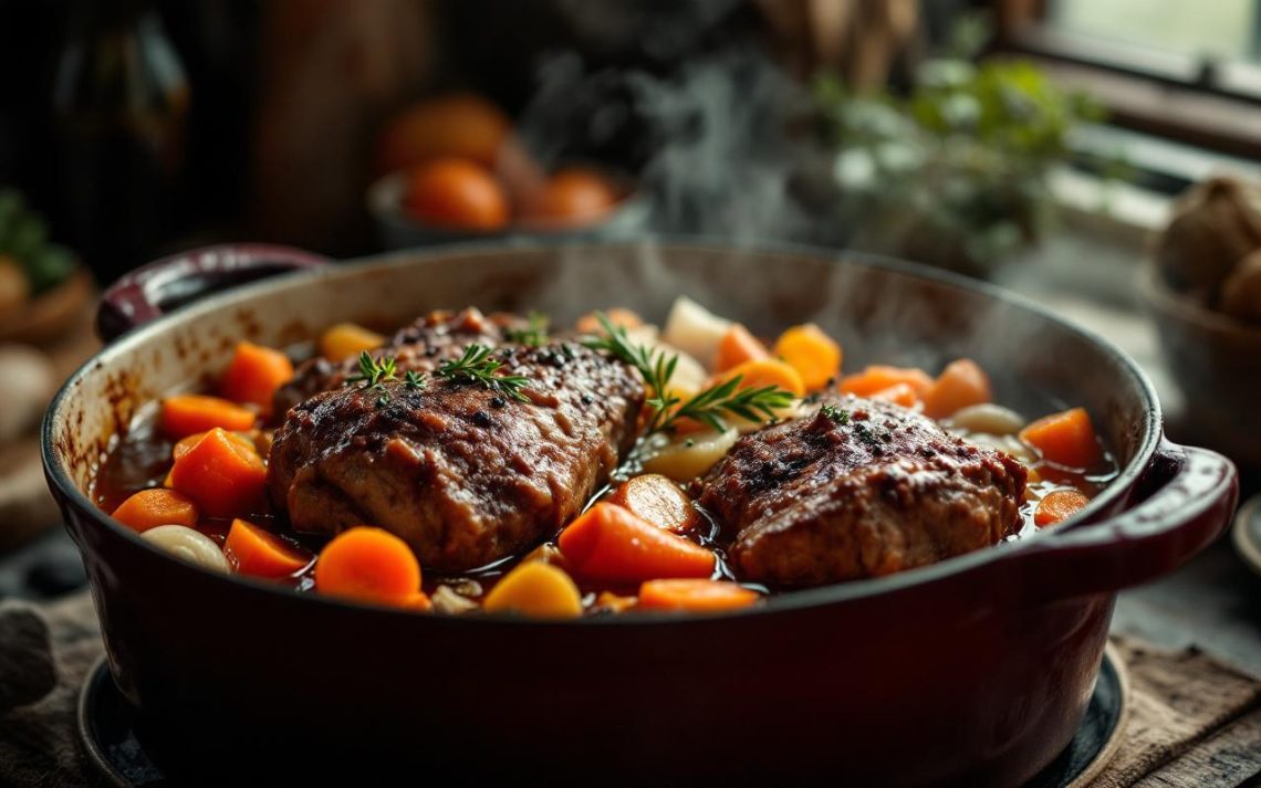 Civet de sanglier mijotant dans une cocotte en fonte, avec vin rouge, carottes, oignons et herbes aromatiques, ambiance cuisine traditionnelle.