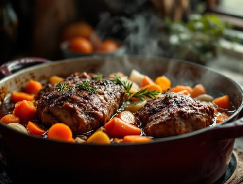 Civet de sanglier mijotant dans une cocotte en fonte, avec vin rouge, carottes, oignons et herbes aromatiques, ambiance cuisine traditionnelle.