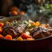 Civet de sanglier mijotant dans une cocotte en fonte, avec vin rouge, carottes, oignons et herbes aromatiques, ambiance cuisine traditionnelle.