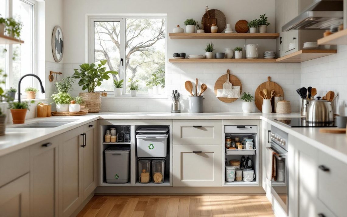 Cuisine familiale contemporaine avec zone de tri intégrée, bacs de recyclage discrets et plan de travail clair.