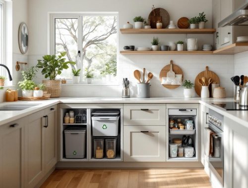 Cuisine familiale contemporaine avec zone de tri intégrée, bacs de recyclage discrets et plan de travail clair.