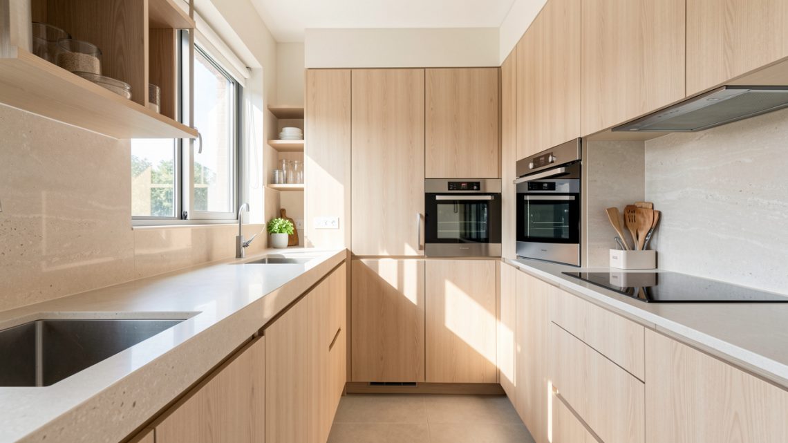 Cuisine moderne lumineuse avec rangements intégrés discrets, plan de travail spacieux et équipements assortis, éclairage naturel doux et finitions claires.