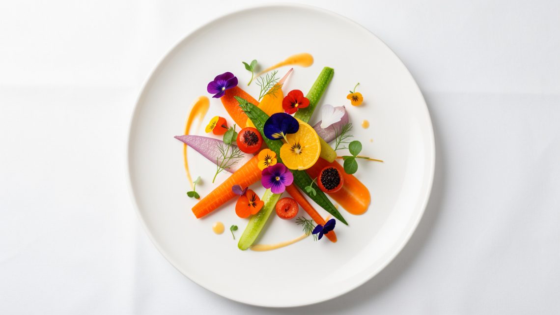 Assiette de haute gastronomie française vue de dessus, ornée de légumes colorés délicatement disposés, de fines touches de sauce et de micro pousses sous une lumière douce.