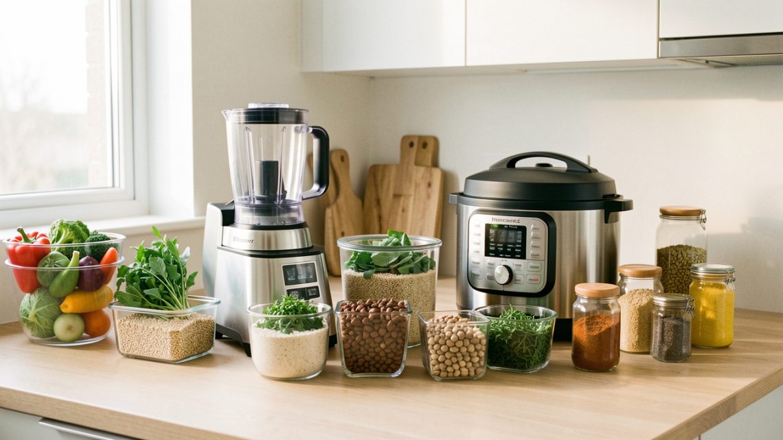 Cuisine lumineuse avec deux appareils de cuisson multifonctions et des ingrédients de batch cooking soigneusement rangés en portions sur le plan de travail.