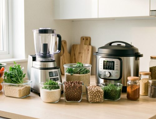 Cuisine lumineuse avec deux appareils de cuisson multifonctions et des ingrédients de batch cooking soigneusement rangés en portions sur le plan de travail.