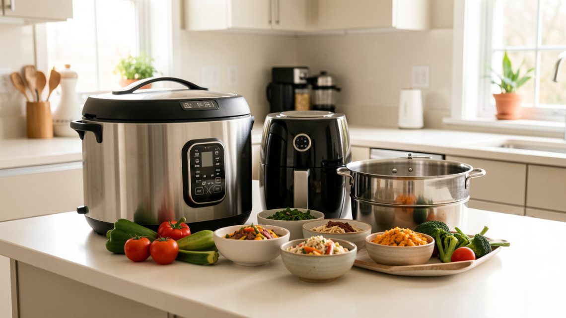 Cuisine lumineuse avec un multicuiseur, un air fryer, un panier vapeur en inox, des légumes frais et un repas maison sain sur le plan de travail.