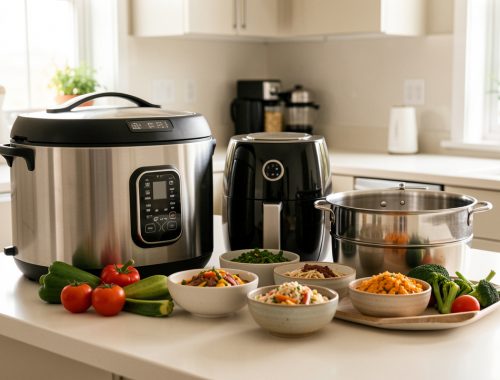Cuisine lumineuse avec un multicuiseur, un air fryer, un panier vapeur en inox, des légumes frais et un repas maison sain sur le plan de travail.