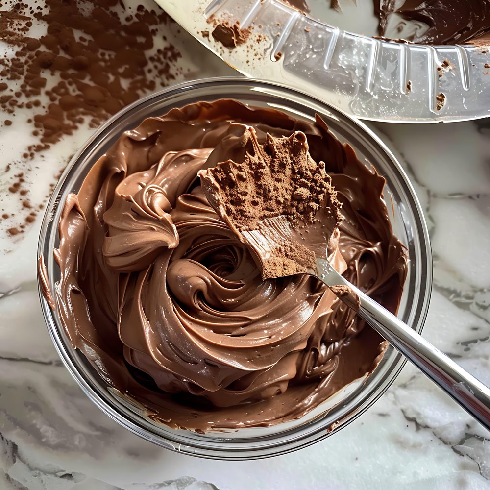 Ganache montée fouettée conservée au congélateur dans une boîte transparente.