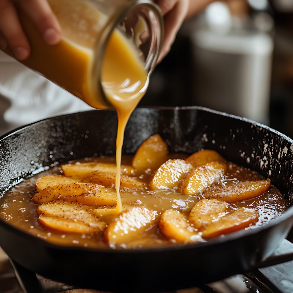 Pommes soigneusement disposées dans un moule, nappées de caramel ambré avant la cuisson d’une tarte Tatin.