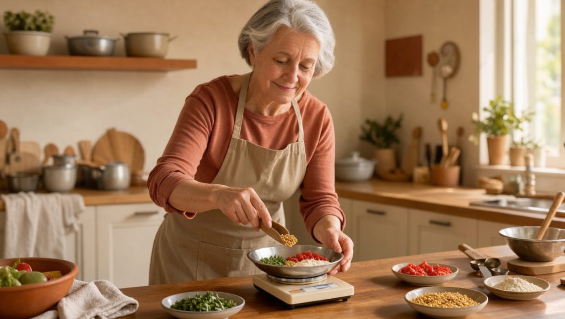 Portrait chaleureux d’une ancienne ingénieure agroalimentaire préparant des ingrédients pesés dans une cuisine familiale lumineuse.