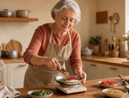 Portrait chaleureux d’une ancienne ingénieure agroalimentaire préparant des ingrédients pesés dans une cuisine familiale lumineuse.