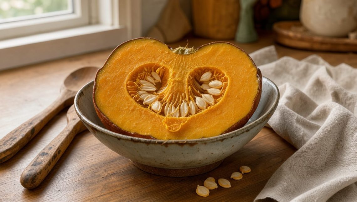 Cuisine chaleureuse d’automne avec une citrouille fraîchement ouverte, sa chair orange et ses graines déposées dans un bol rustique, éclairées par une douce lumière naturelle.