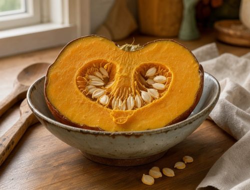 Cuisine chaleureuse d’automne avec une citrouille fraîchement ouverte, sa chair orange et ses graines déposées dans un bol rustique, éclairées par une douce lumière naturelle.