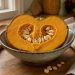 Cuisine chaleureuse d’automne avec une citrouille fraîchement ouverte, sa chair orange et ses graines déposées dans un bol rustique, éclairées par une douce lumière naturelle.