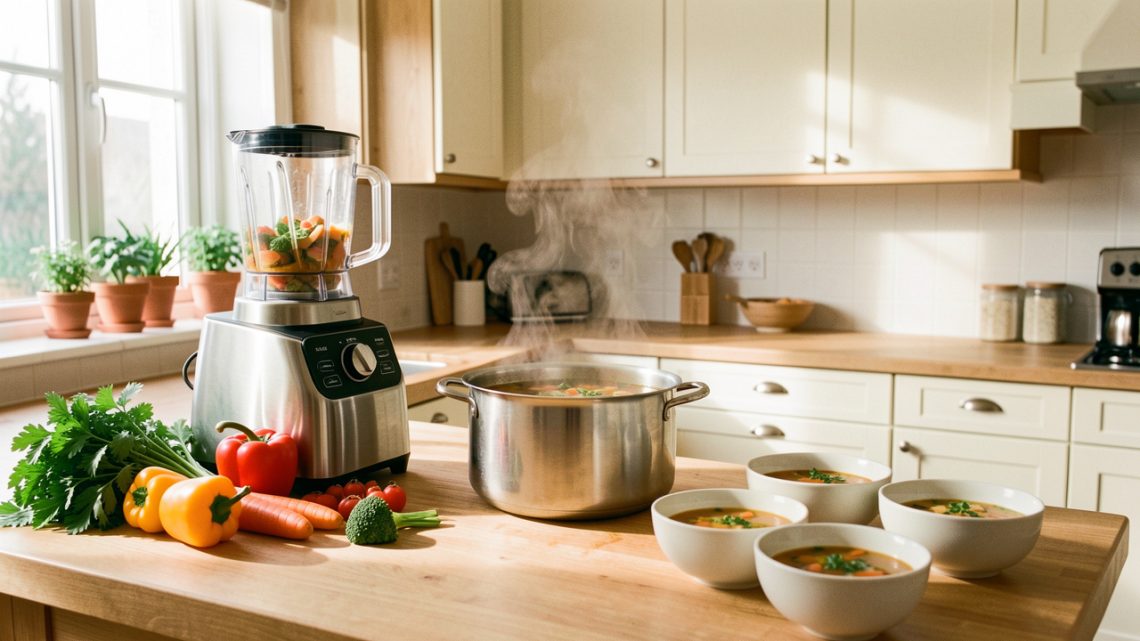 Cuisine familiale lumineuse avec un robot multifonction moderne, des légumes frais, une grande marmite de soupe fumante et quatre bols dressés sur le plan de travail.