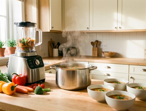 Cuisine familiale lumineuse avec un robot multifonction moderne, des légumes frais, une grande marmite de soupe fumante et quatre bols dressés sur le plan de travail.