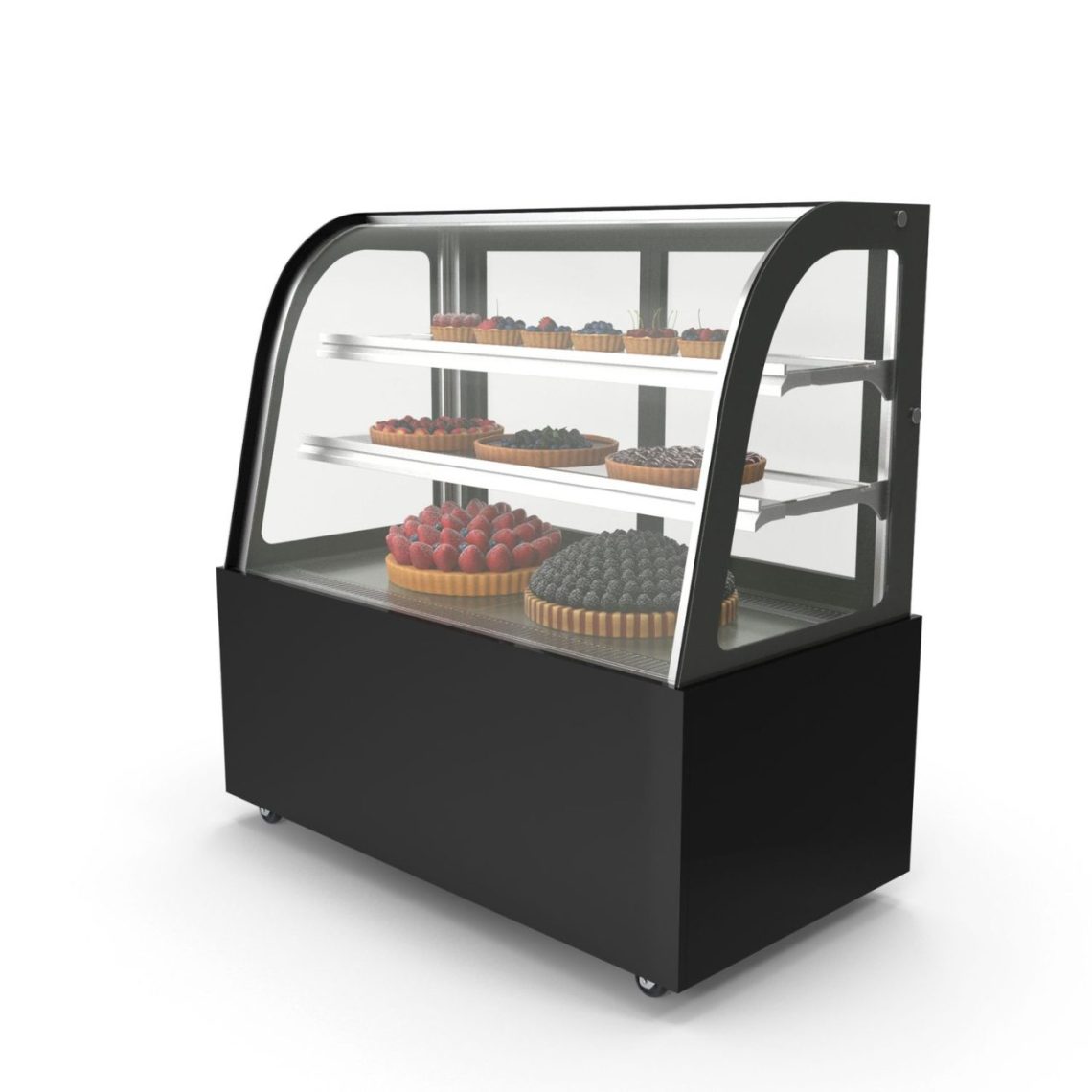Vitrine réfrigérée présentant une sélection de pâtisseries et de desserts individuels.