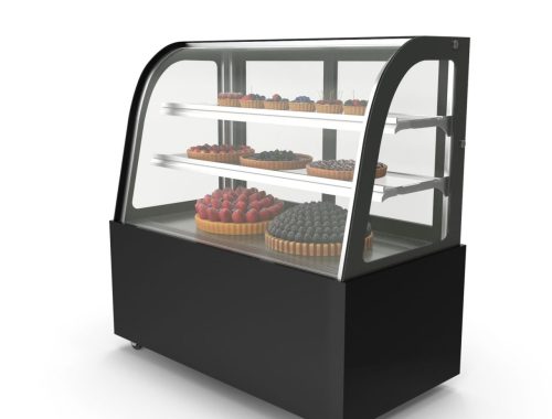 Vitrine réfrigérée présentant une sélection de pâtisseries et de desserts individuels.